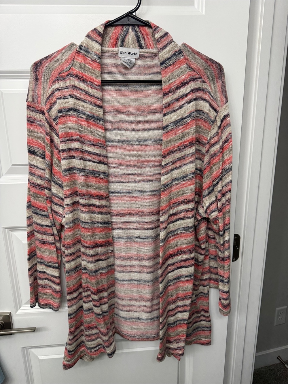 Bon Worth Coral and Cream Striped Open Cardigan